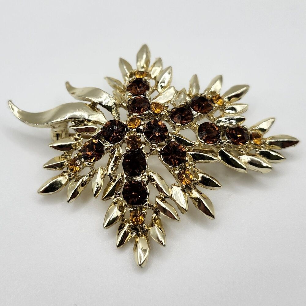 Vtg Dodds Goldtone Floral Ribbon Brooch w/ Amber & Gold Rhinestones